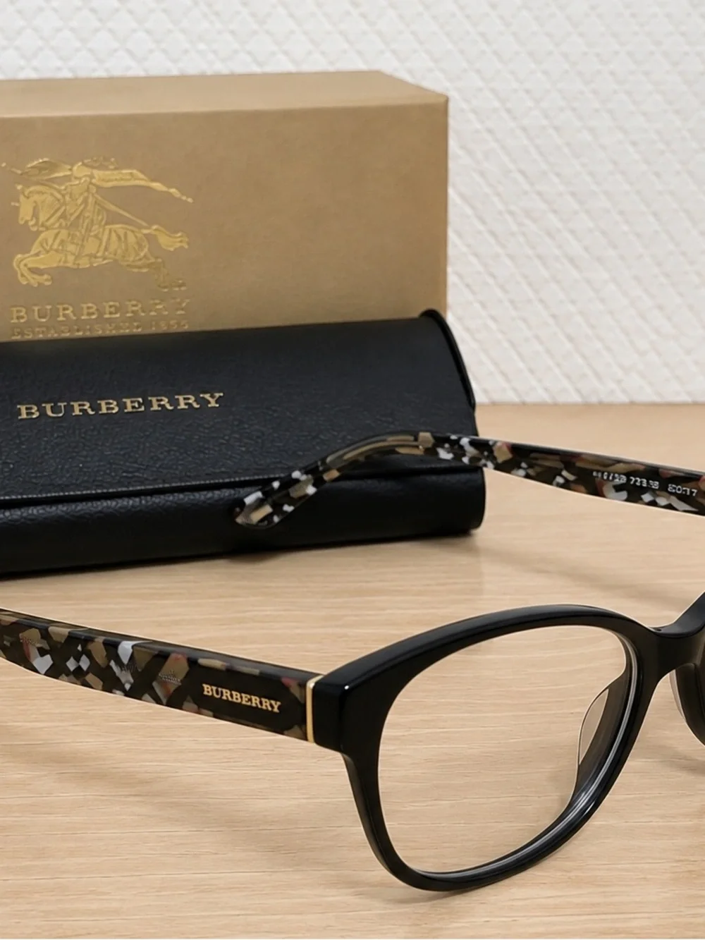 Burberry B2278 Black Cat-Eye Eyeglasses Check Temples 52-17-140